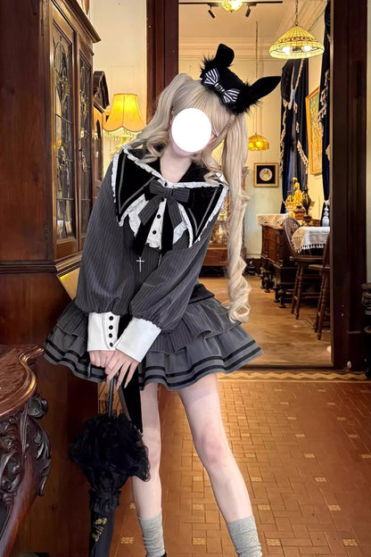 Black [Bizarre Rabbit Opera] Navy Collar Long Sleeves Print Ruffle Bowknot Gothic Lolita Dress