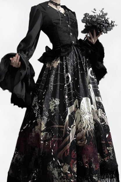 Black [Reborn Ancient God] Long Hime Sleeves Print Lace Gothic Lolita Skirt Dress Set