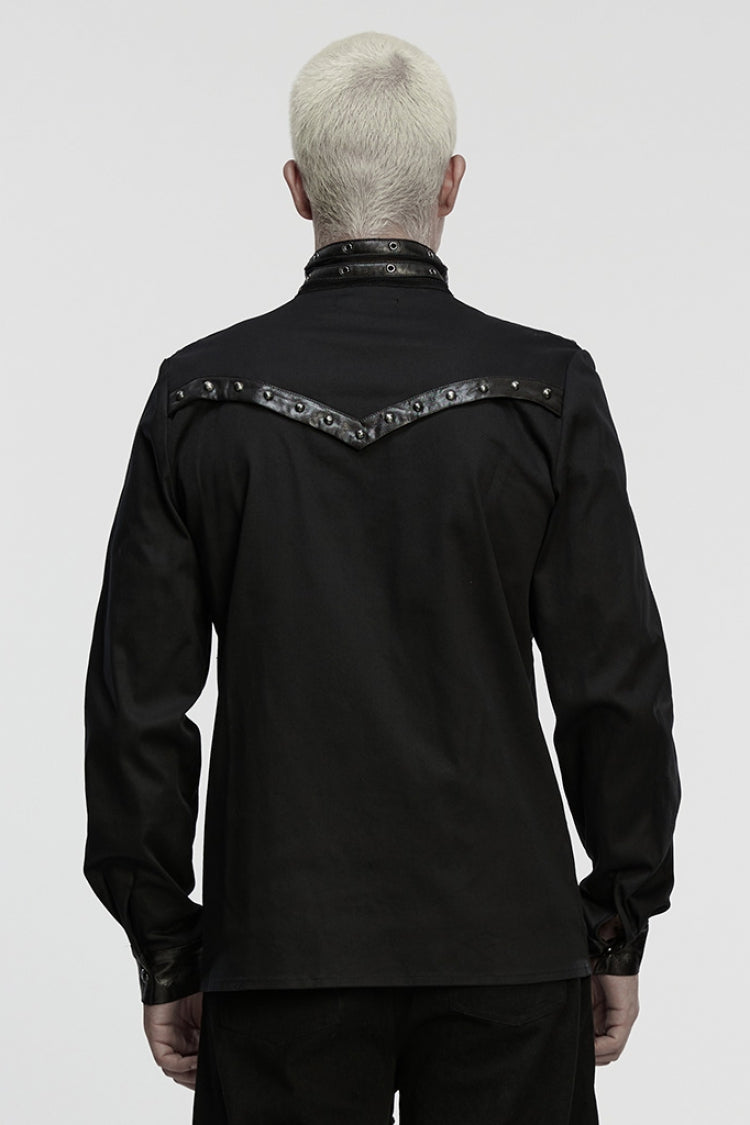 Black Stand Collar Long Sleeves Rivet Buckle Straps Eyelet Men's Punk Blouse