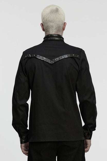 Black Stand Collar Long Sleeves Rivet Buckle Straps Eyelet Men's Punk Blouse