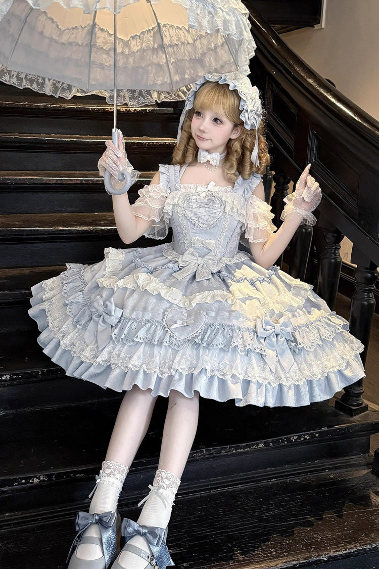 Blue [Super Cute Belia] Sleeveless Triple-Layered Ruffle Bowknot Lace Sweet Elegant Lolita Jsk Dress