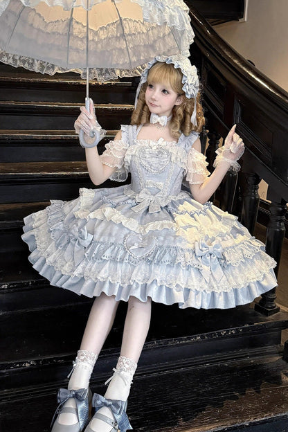Blue [Super Cute Belia] Sleeveless Triple-Layered Ruffle Bowknot Lace Sweet Elegant Lolita Jsk Dress