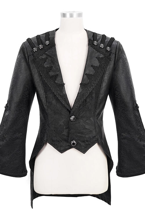 Black V Collar Wide Sleeves Swallowtail Fitted Leather Mens Gothic Coat