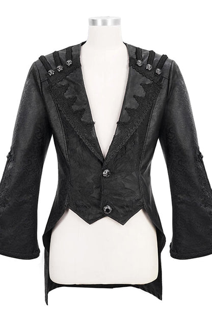 Black V Collar Wide Sleeves Swallowtail Fitted Leather Mens Gothic Coat