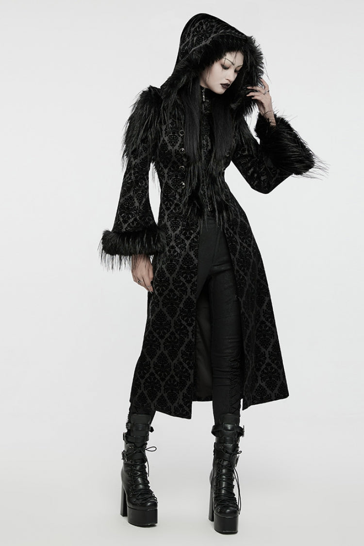 Black Stand Collar Long Sleeves Jacquard Print Stitching Hooded Women's Gothic Coat