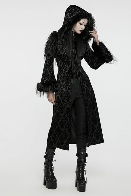 Black Stand Collar Long Sleeves Jacquard Print Stitching Hooded Women's Gothic Coat