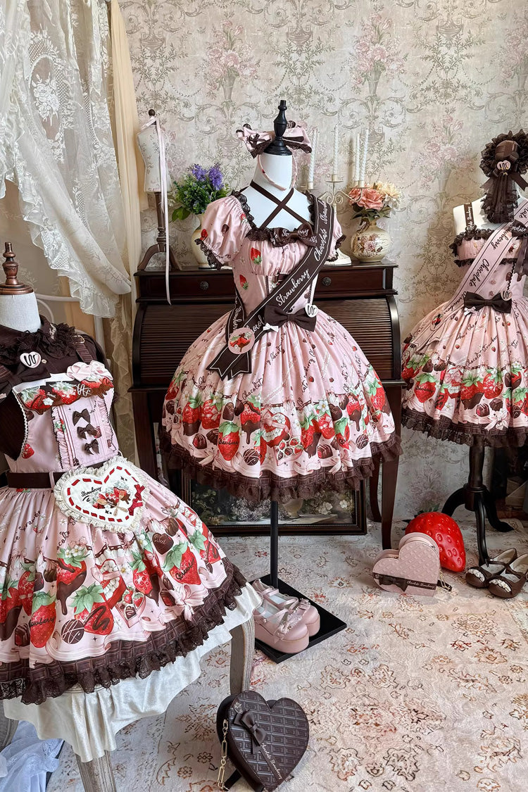 Pink [Strawberry Chocolate Lover] Square Collar Short Sleeves Printed Ruffled Bow Lace Sweet Lolita Dress