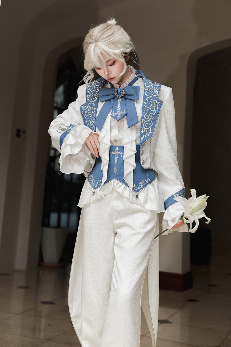 White [Moonlit Paladin Prince] Ruffle Embroidery Bowknot Classic Prince Handsome Ouji Lolita Set
