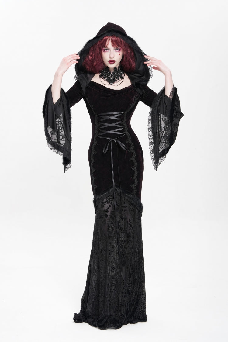 Black/Red Long Trumpet Sleeves Embroidery Stitching Lace Hooded Mesh Women's Gothic Dress