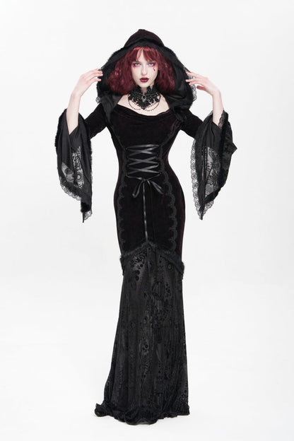 Black/Red Long Trumpet Sleeves Embroidery Stitching Lace Hooded Mesh Women's Gothic Dress