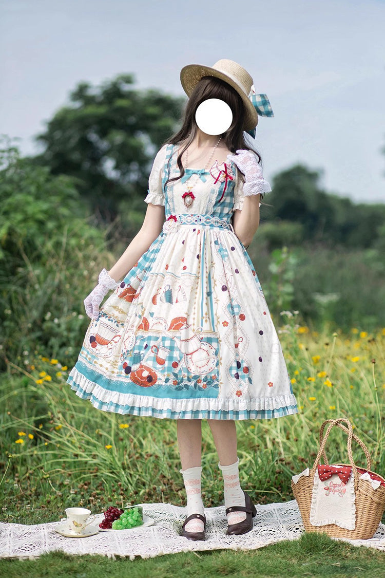 Blue/Green [Tea Party] Short Sleeves Print Ruffle Bowknot Lace Sweet Elegant Lolita Dress
