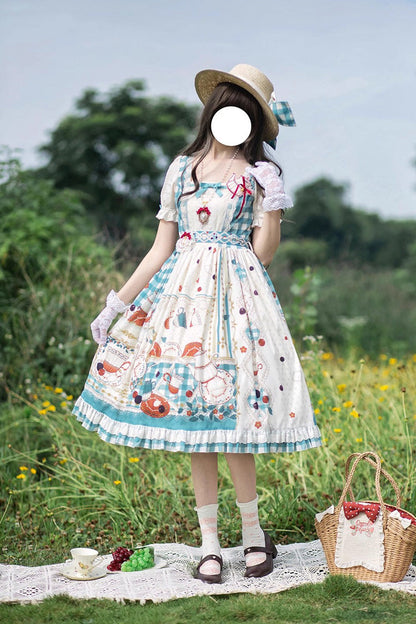 Blue/Green [Tea Party] Short Sleeves Print Ruffle Bowknot Lace Sweet Elegant Lolita Dress