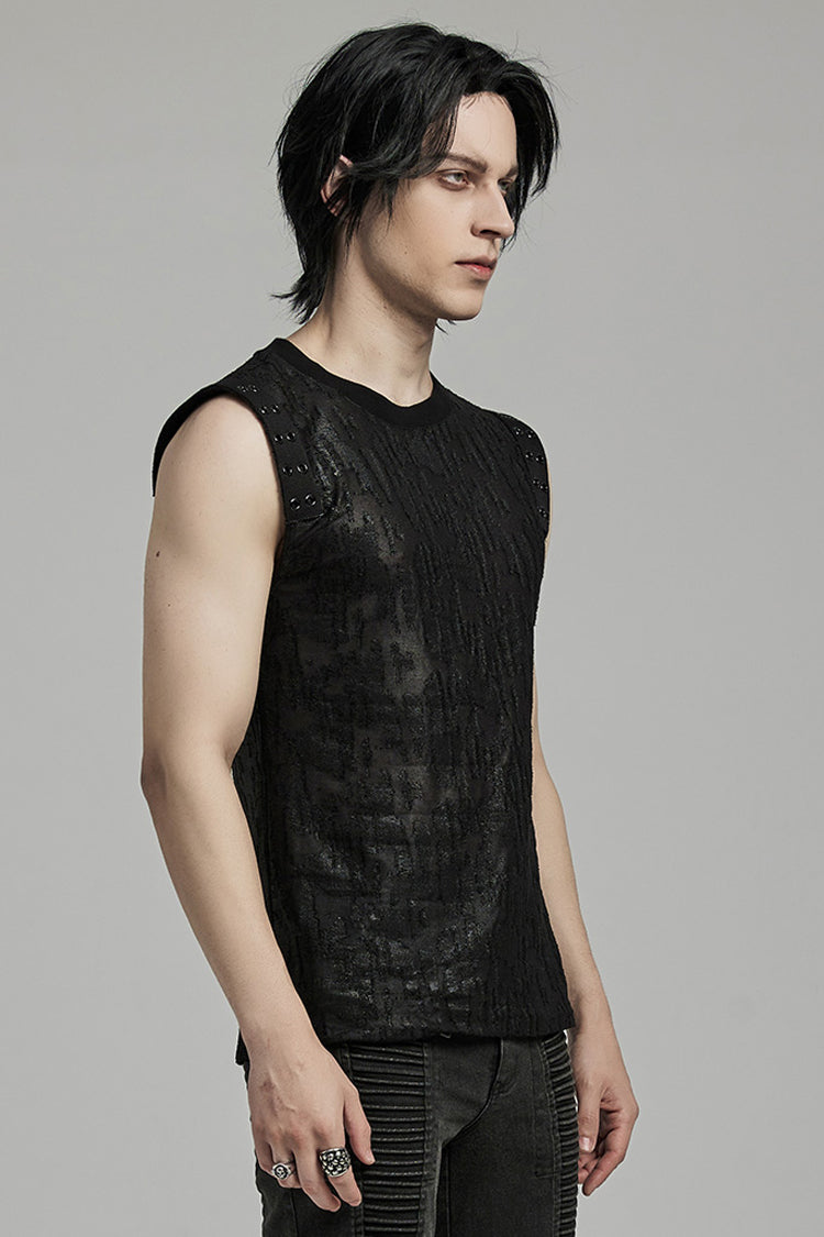 Black Round Collar Sleeveless Print Ripped Distressed Eyelet Men's Gothic Tank Top