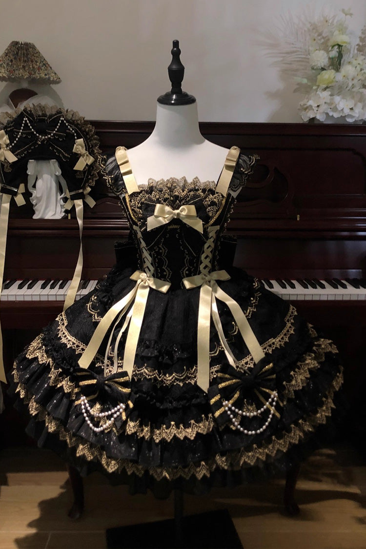 Black [Gilded Memories] Sleeveless Double-Layered Ruffle Hot Stamping Bowknot Lace Sweet Lolita Jsk Dress