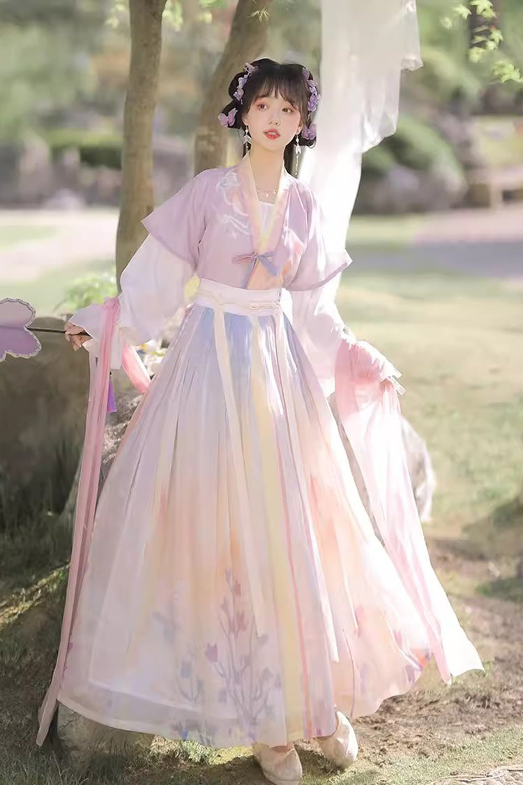Multi-Color Round Collar Long Trumpet Sleeves High Waisted Print Sweet Hanfu Full Set
