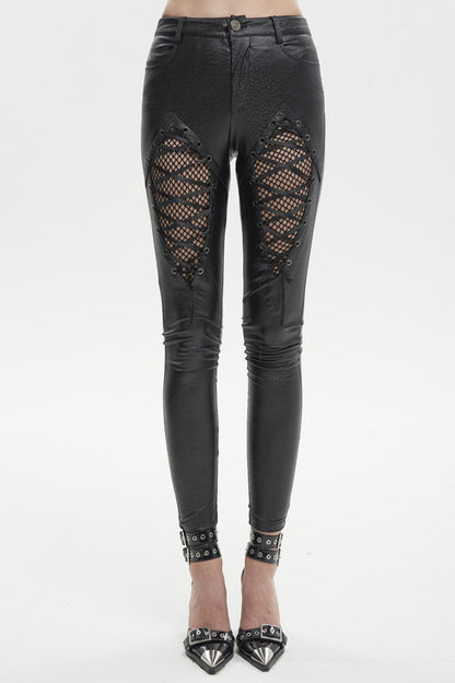 Black Stretch Diamond Wavy String Adjustable Slim Fit Women's Punk Trousers