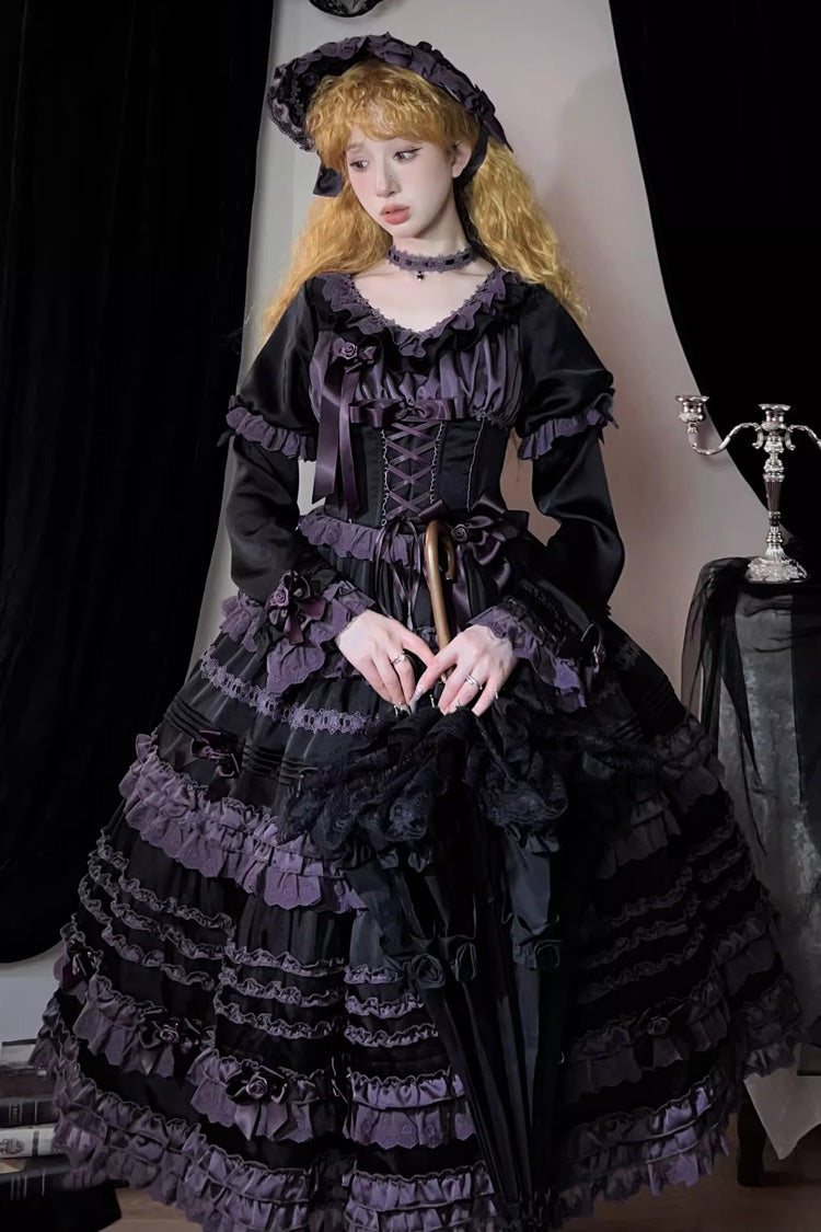 Black/Purple [Layered Blackcurrant] Short Sleeves Ruffle Bowknot Lace Sweet Lolita Dress