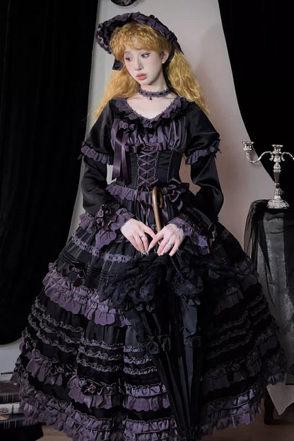 Black/Purple [Layered Blackcurrant] Short Sleeves Ruffle Bowknot Lace Sweet Lolita Dress