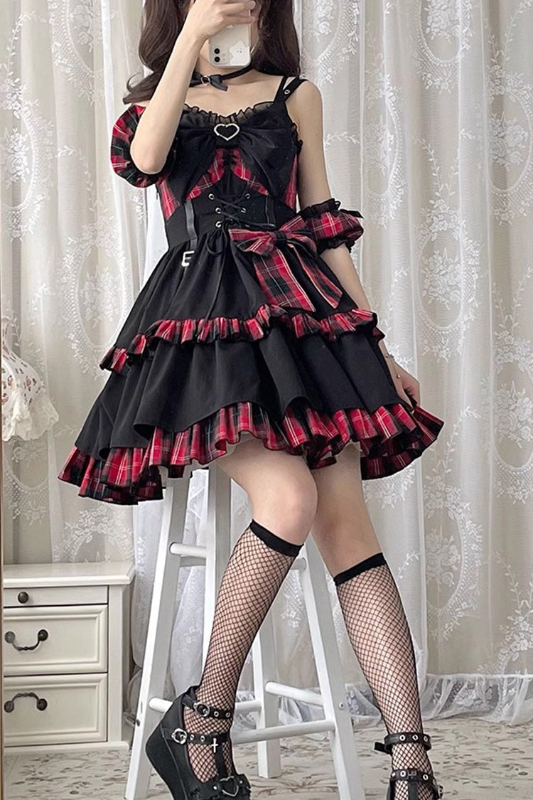 Black/Red Plaid Print Color Contrast Leather Buckle Bowknot Ruffle Gothic Lolita JSK Dress