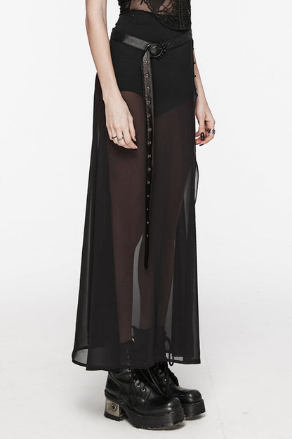 Black Rivet Split Women's Gothic Skirt with Belt