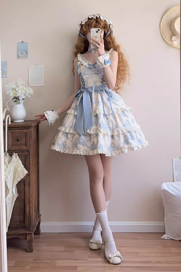 Blue [Grape Moon Almanac] Sleeveless Multi-Layered Printed Ruffled Bow Adjustable-Length Sweet Lolita Jsk Dress