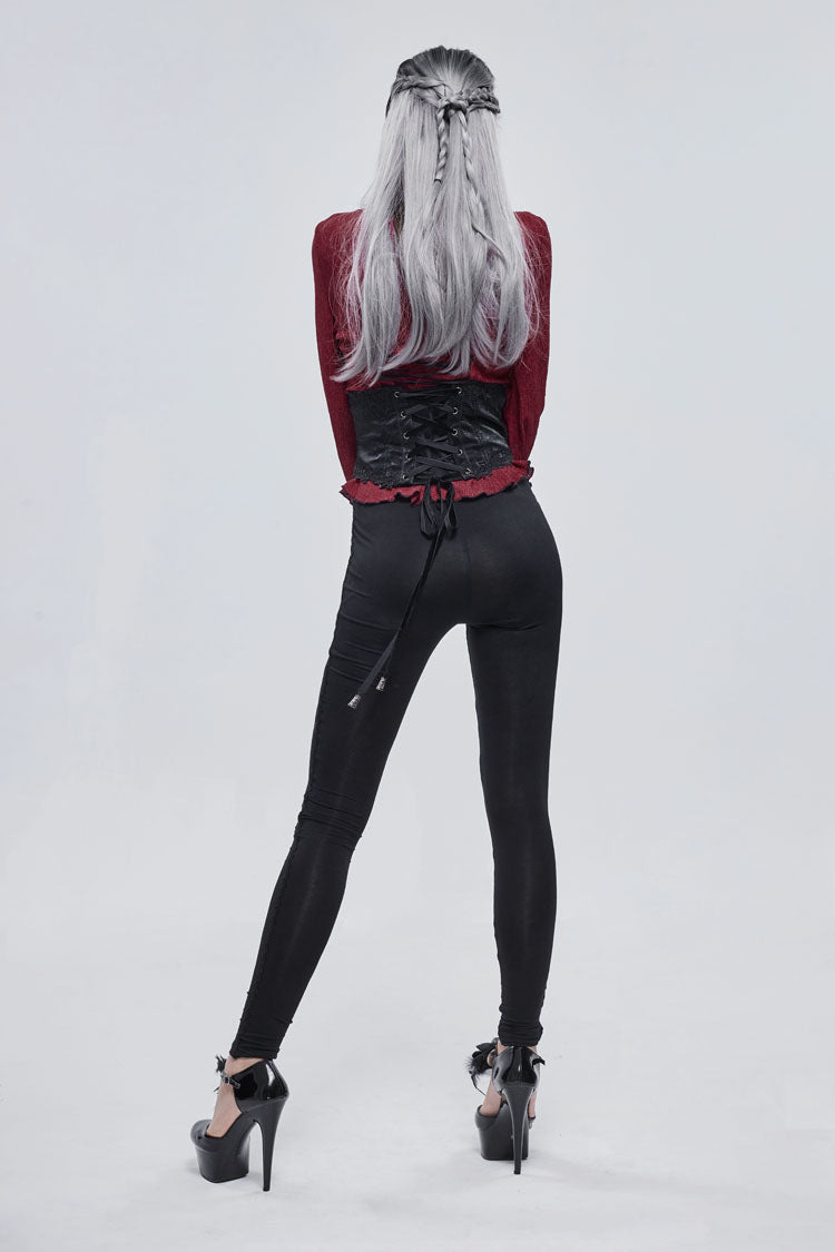 Black/Red Printed Decoration Tie Rope Elasticity Women's Gothic Leggings