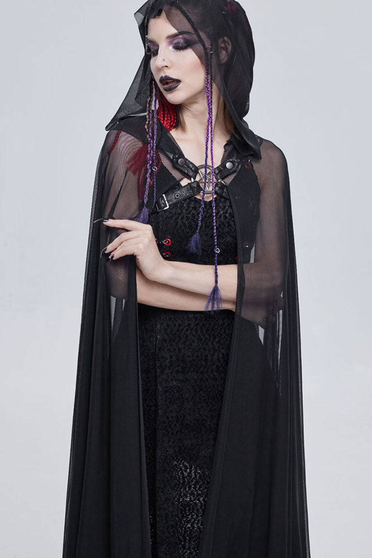 Black Punk Cross Leather Straps On Chest Design Metal Five-Pointed Star Decoration Long Hooded Women's Cape