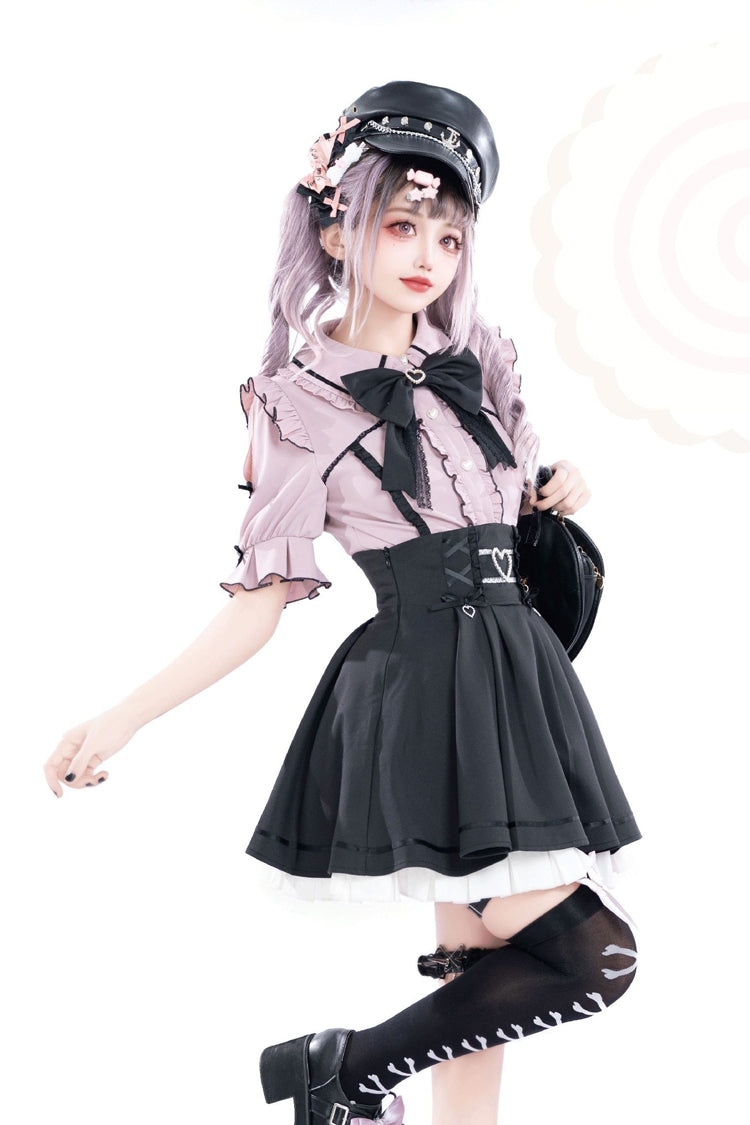 Black/Pink Short Sleeves Ruffle Slim Jirai Kei Japanese Skirt Set