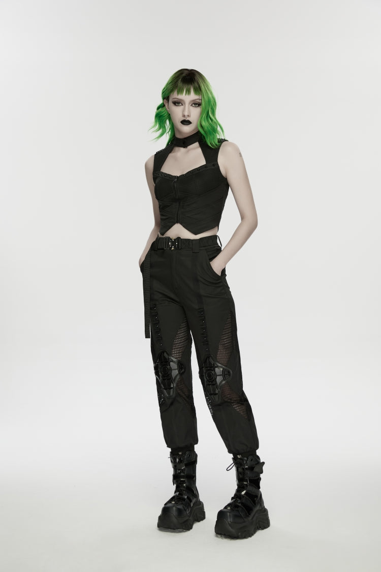 Black Women's Punk Handsome Buckle-up Studded Mesh Cargo Pants