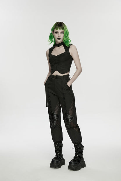 Black Women's Punk Handsome Buckle-up Studded Mesh Cargo Pants