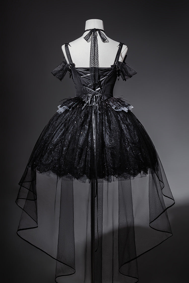 Black [Star Swan Dream] Ruffle Embroidery Bowknot Lace Gothic Lolita Jsk Dress