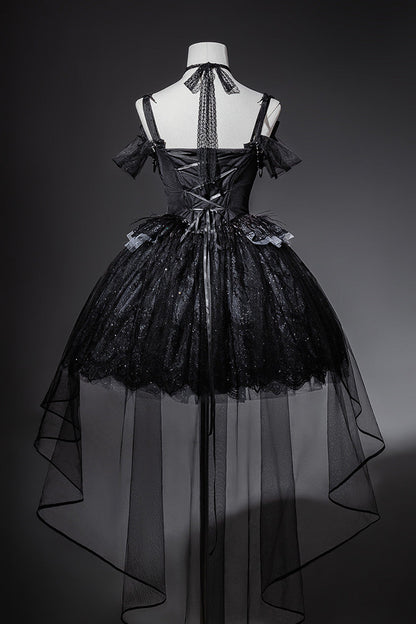 Black [Star Swan Dream] Ruffle Embroidery Bowknot Lace Gothic Lolita Jsk Dress