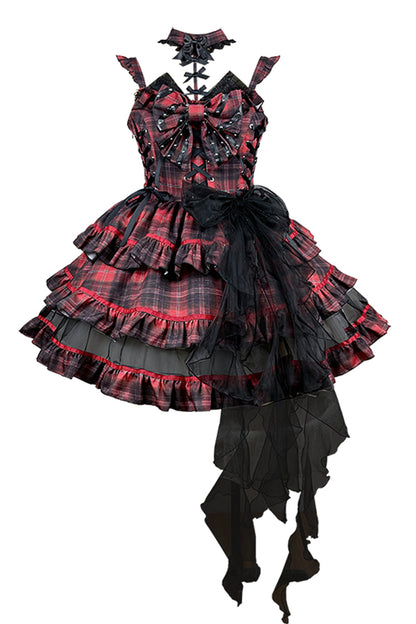 Black/Red Japanese Punk Rock Babes Bowknot Gothic Lolita Tiered Dress