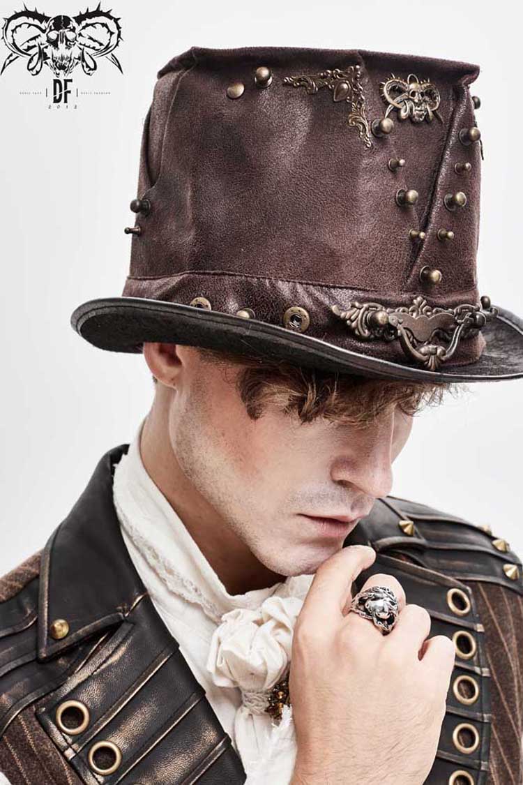 Brown Medium Top Leather Metal Stud Decorated Men's Gothic Hat
