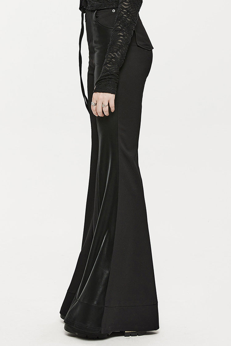 Black Stretch-Knit Paneled Faux Leather Waistband Ghost Button Flared Women's Punk Pants