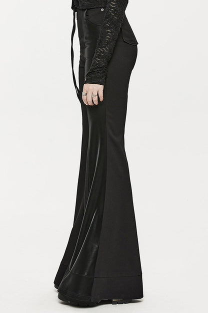 Black Stretch-Knit Paneled Faux Leather Waistband Ghost Button Flared Women's Punk Pants