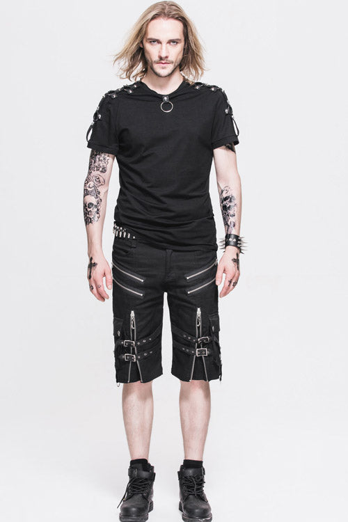 Black Punk Rock Adjustable Zippered Summer With Loops Shorts Mens Pants