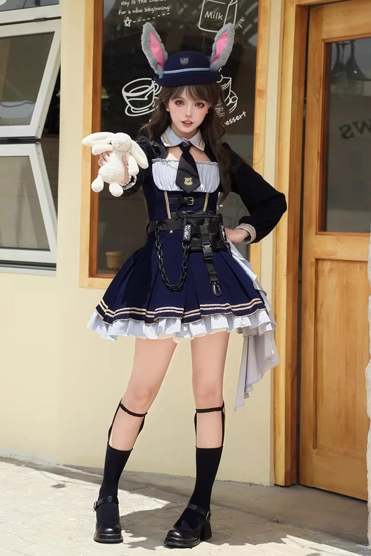 Blue [Rabbit Police Officer] Ruffled Bow Asymmetric College Style Handsome Lolita Jsk Dress