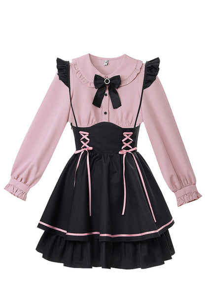 Black/Pink First Sakura Long Sleeves Multi-layer Lace-Up Sweet Jirai Kei Japanese Set
