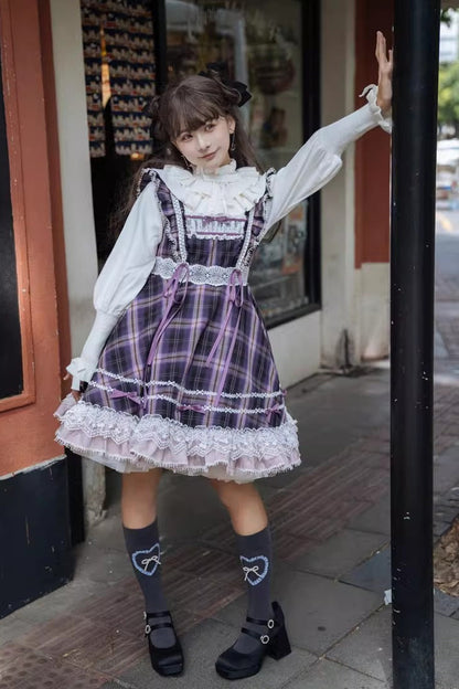 Black/Purple [Endless Summer] High Waisted Printed Ruffled Bow Lace Sweet Princess Lolita Jsk Dress 2 Versions