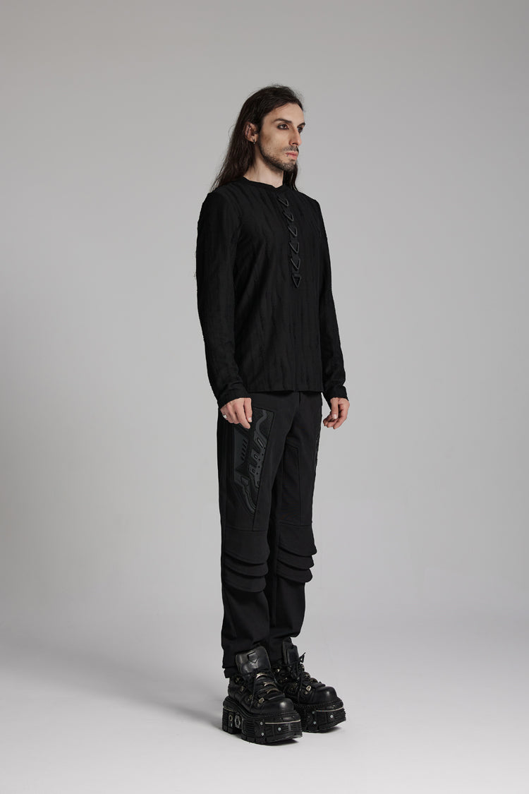 Black Round Collar Long Sleeves Triangle Buckle Men's Punk T-Shirt