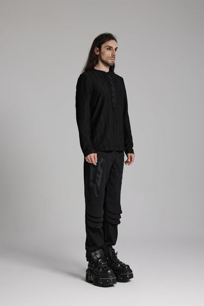 Black Round Collar Long Sleeves Triangle Buckle Men's Punk T-Shirt