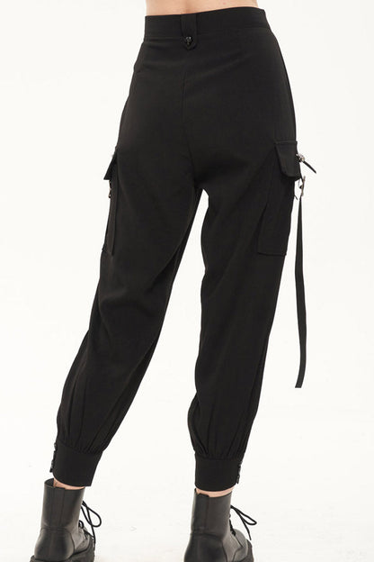 Black Punk Multi Pocket Skull Head Decoration Trouser Leg Opening Tie Women's Long Pants