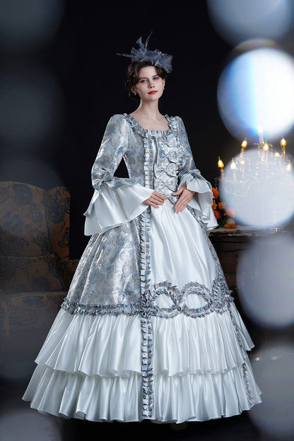 Blue Square Collar Long Trumpet Sleeves Double-Layered Ruffled Embroidered Open-Front Bow Classic Vintage Palace Lolita Victorian Dress