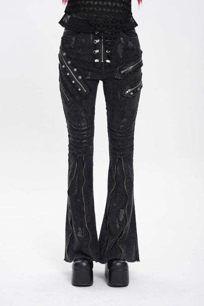Black Zipper Pleated Women's Punk Flared Pants