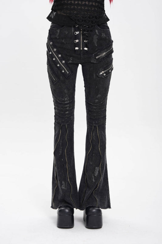 Black Zipper Pleated Women's Punk Flared Pants