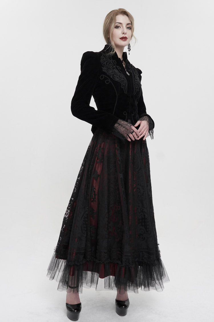 Black Stand Collar Velvet Appliqu On Chest Pendant Zipper Autumn And Winter Short Long Sleeve Women's Gothic Jacket