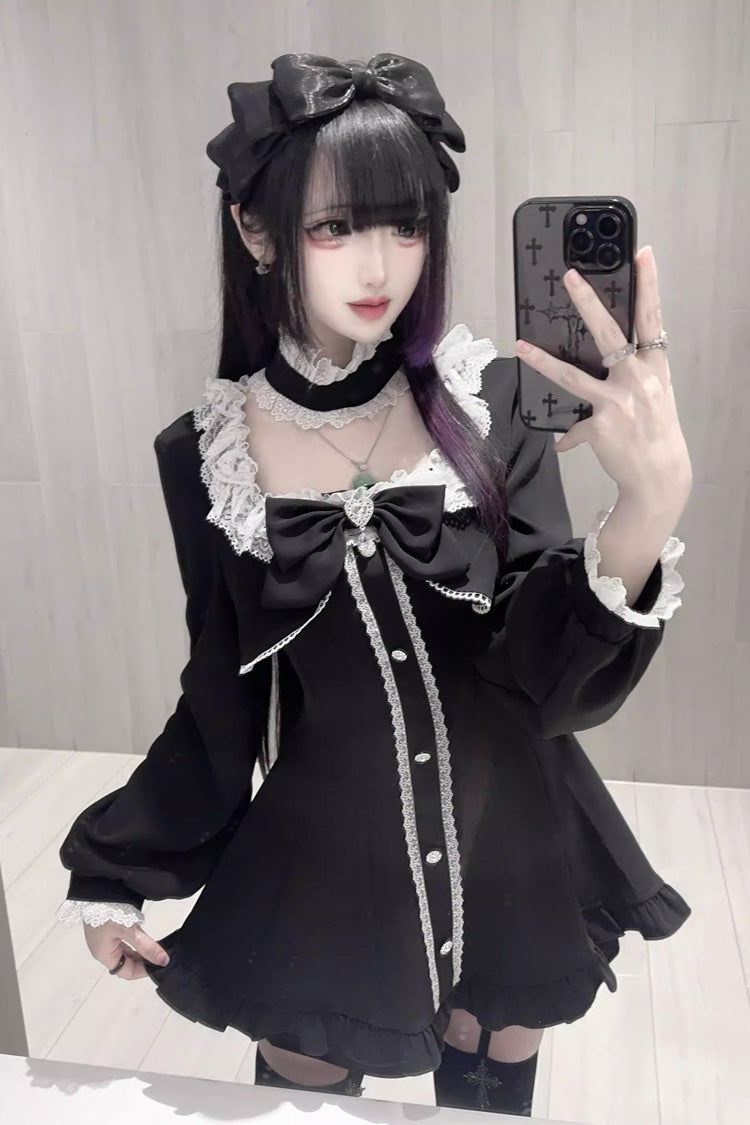 Black [Twilight Prelude] Long Sleeves Ruffled Bow Lace Jirai Kei Japanese Dress and Shorts Set