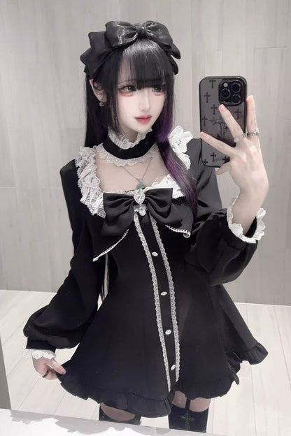 Black [Twilight Prelude] Long Sleeves Ruffled Bow Lace Jirai Kei Japanese Dress and Shorts Set