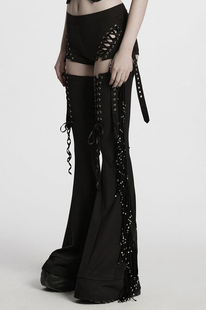 Black Tassel Lace-Up Detachable Women's Punk Pants